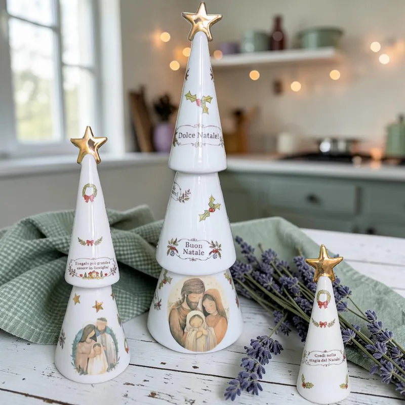 Árvores de Natal em porcelana nos tamanhos grande, média e pequena, com estrela em ouro