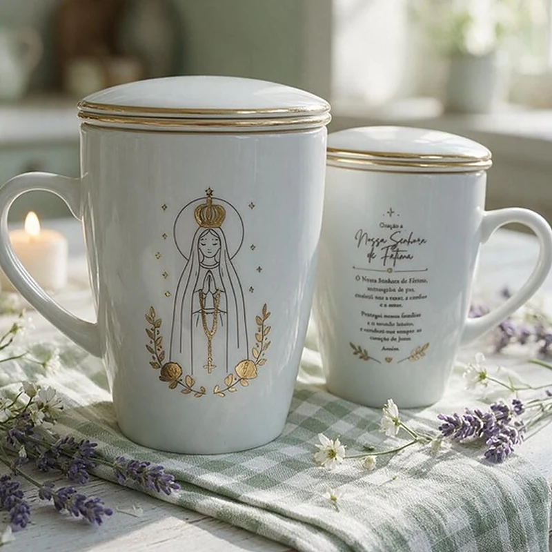 Caneca N. Sra. de Fátima pintada à mão com oração no verso