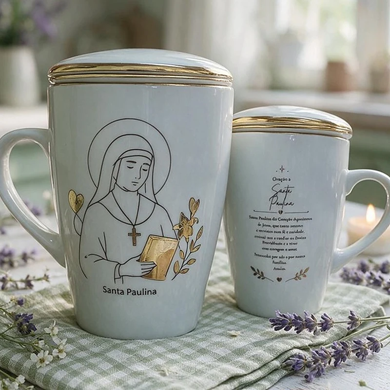 Caneca Santa Paulina pintada à mão com oração no verso