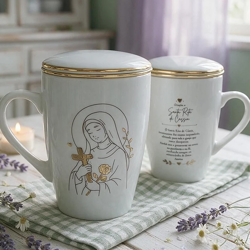 Caneca Santa Rita de Cássia pintada à mão com oração no verso